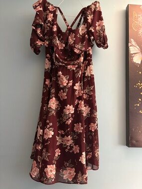 torrid Burgundy Midi Dress with Pink Floral Print